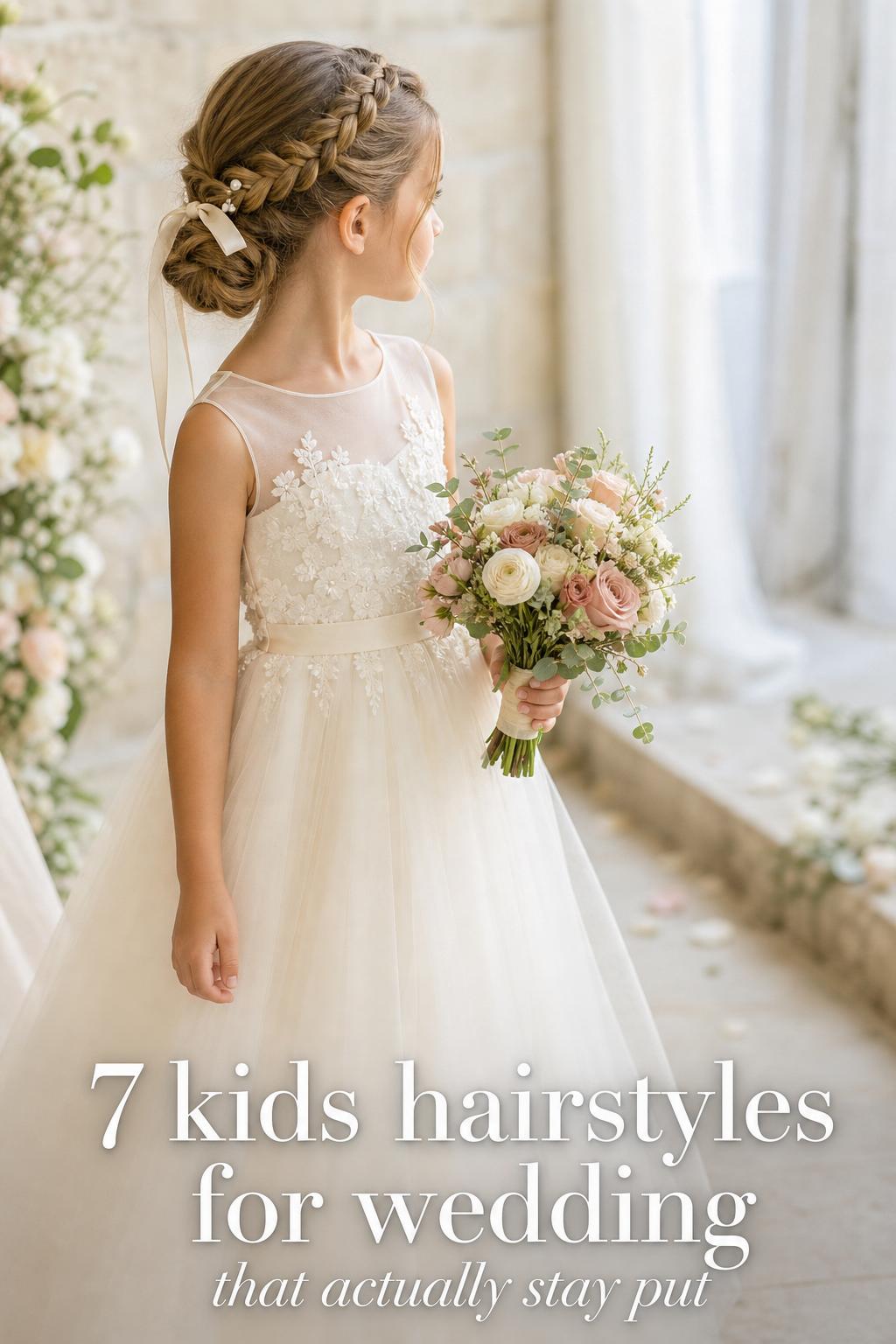 Kids hairstyles for wedding: flower girl with crown braid into low bun, ivory ribbon and pearl pins, holding bouquet by window