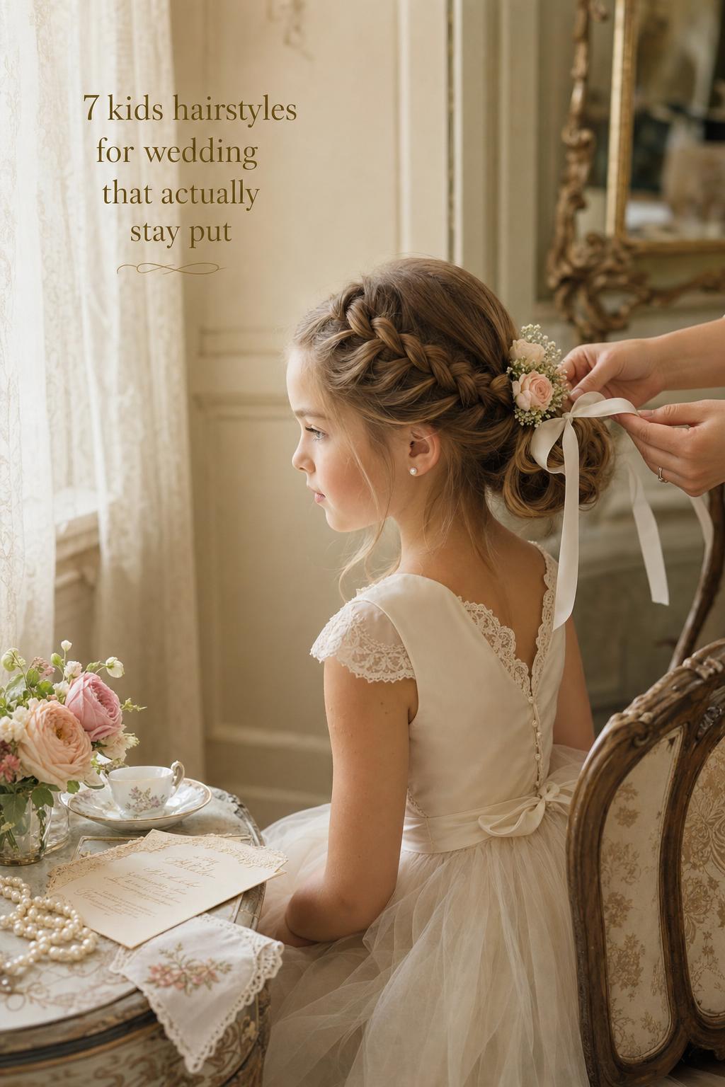 Kids hairstyles for wedding: flower girl with crown braid into low bun, ivory ribbon, seated by a sunlit window