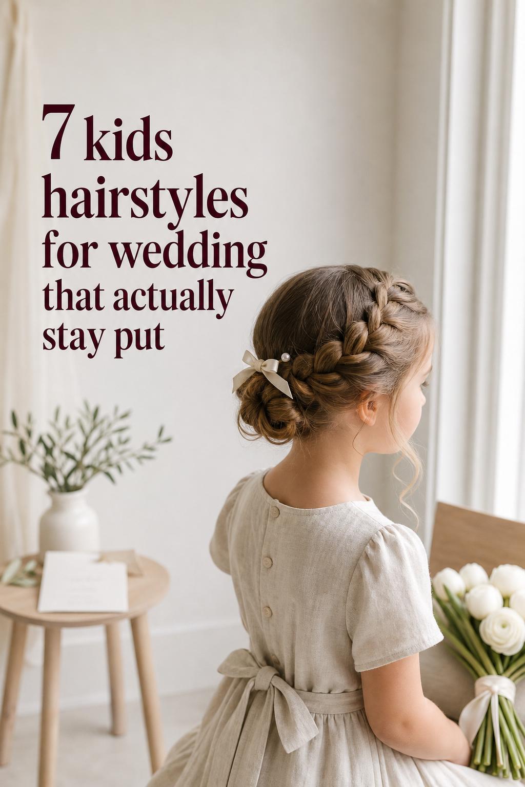 Kids hairstyles for wedding featuring flower girl with crown braid and low bun by bright window in Scandinavian bridal suite