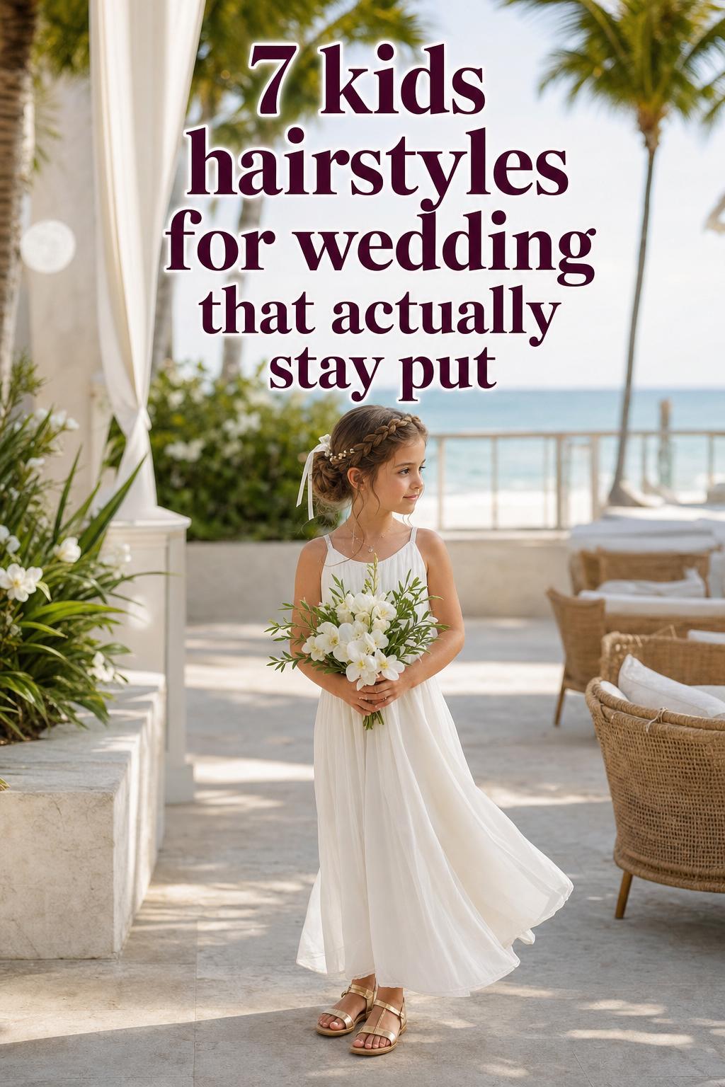 Kids hairstyles for wedding: flower girl with crown braid and low bun in an ivory dress at a tropical resort aisle