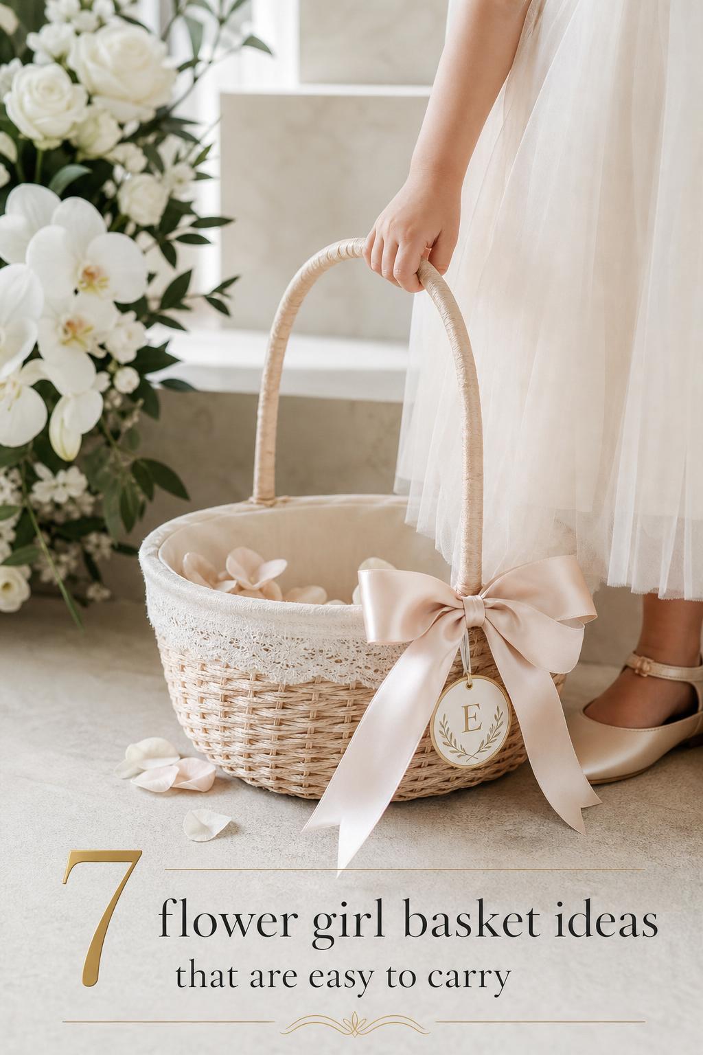 Luxury wedding editorial photo of an ivory ribbon wicker basket with petals, perfect for flower girl basket ideas