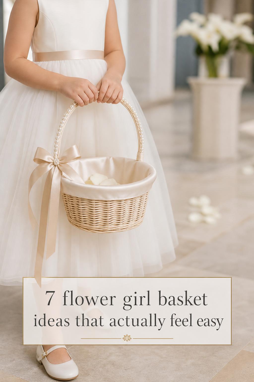 Luxury wedding flower girl basket with ivory tulle dress and pearl-lined wicker basket in bright modern ceremony aisle