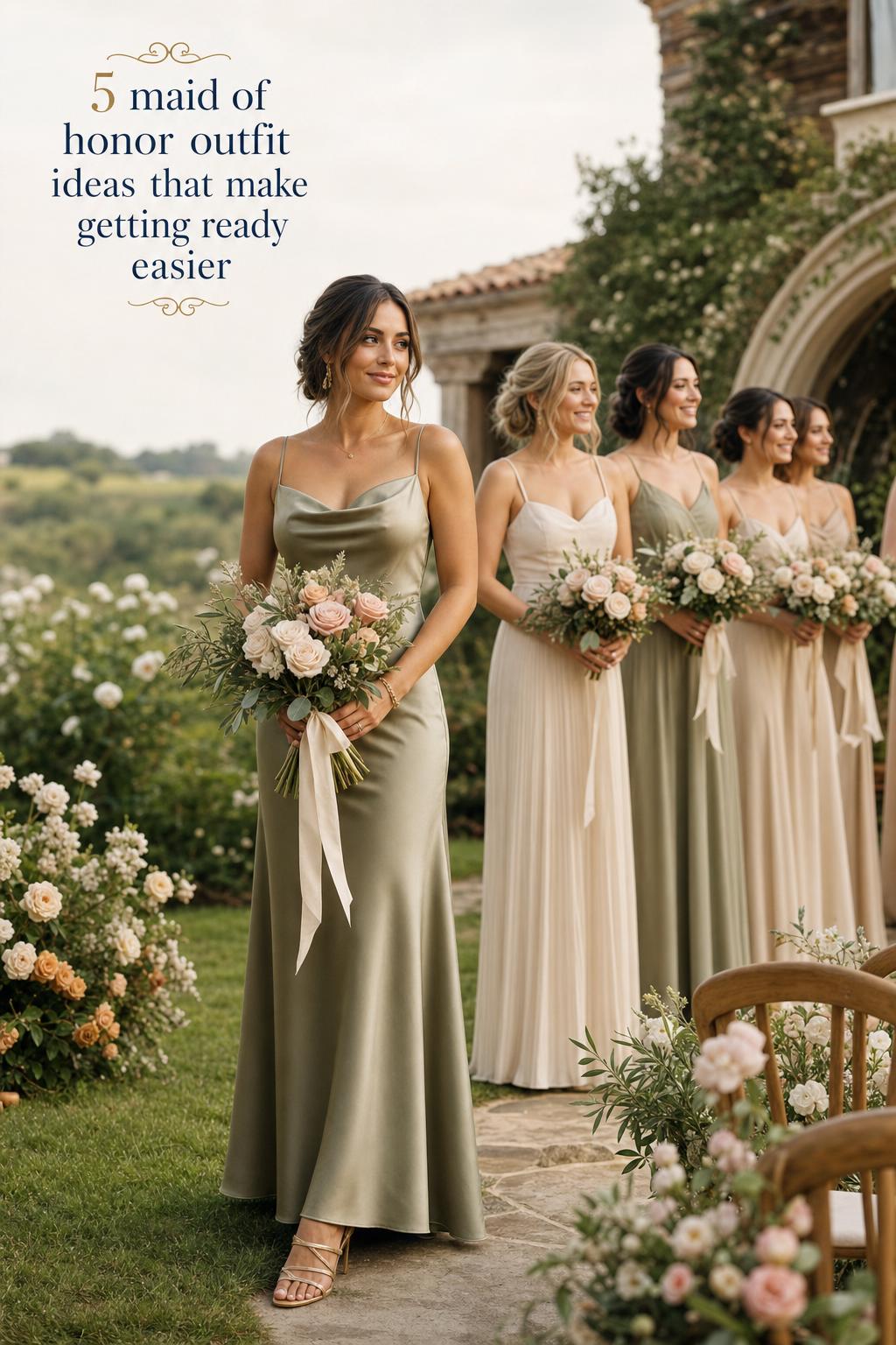 Maid of honor outfit in sage satin gown beside blurred bridal party at a rustic countryside estate garden wedding ceremony