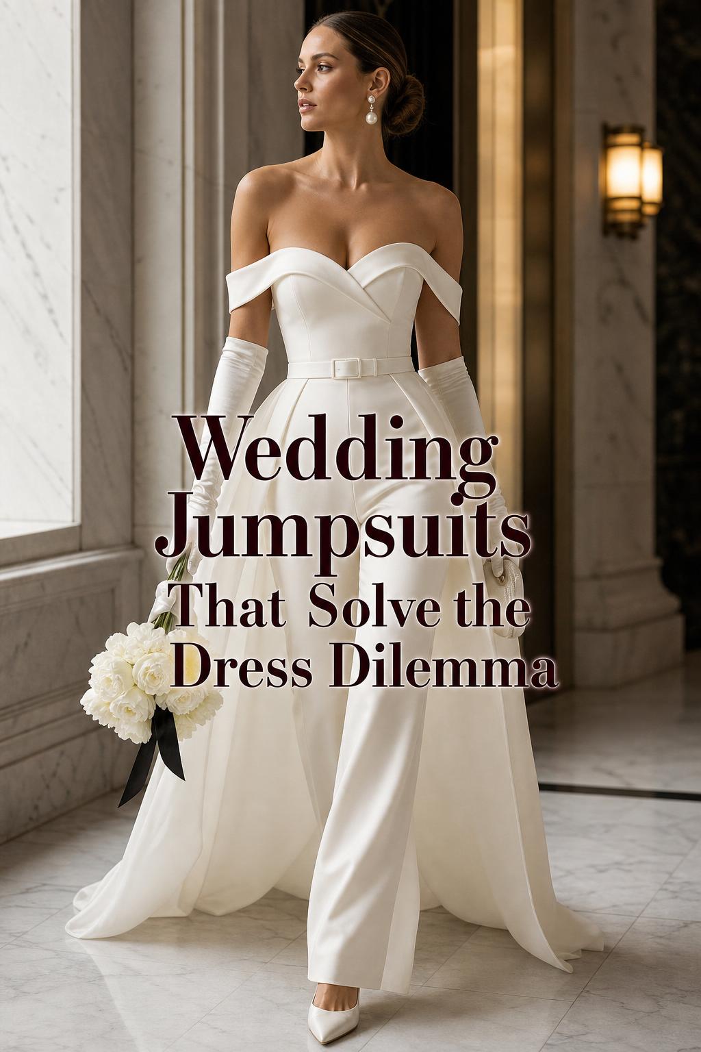 Modern bride in elegant ivory wedding jumpsuits in a marble city hall hallway with bold editorial text overlay