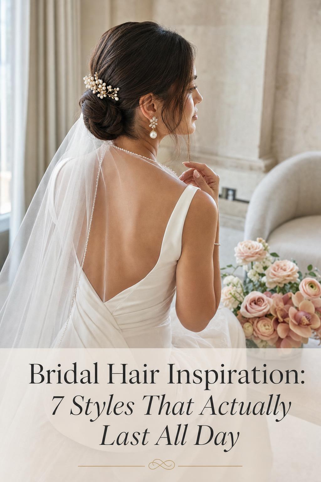 Modern bride with sleek low bun under veil and pearl hair pin in luxury suite, bridal hair inspiration in soft daylight