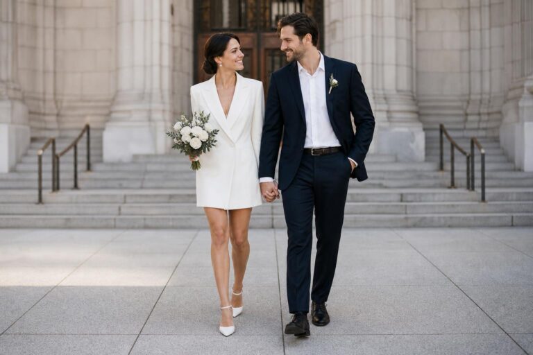Courthouse wedding attire with an ivory satin midi dress, tailored navy suit, and minimalist accessories on city hall steps