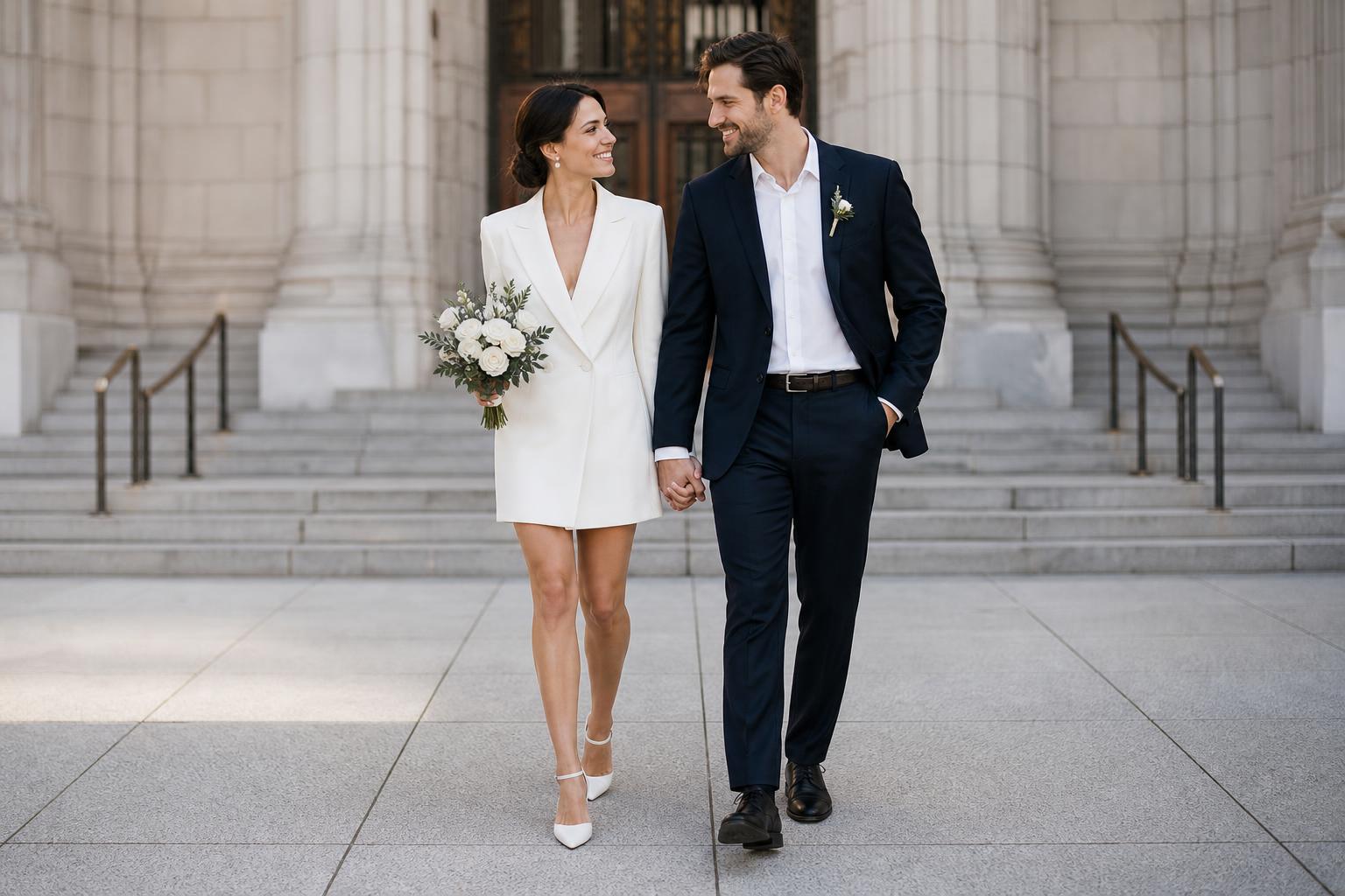Courthouse wedding attire with an ivory satin midi dress, tailored navy suit, and minimalist accessories on city hall steps