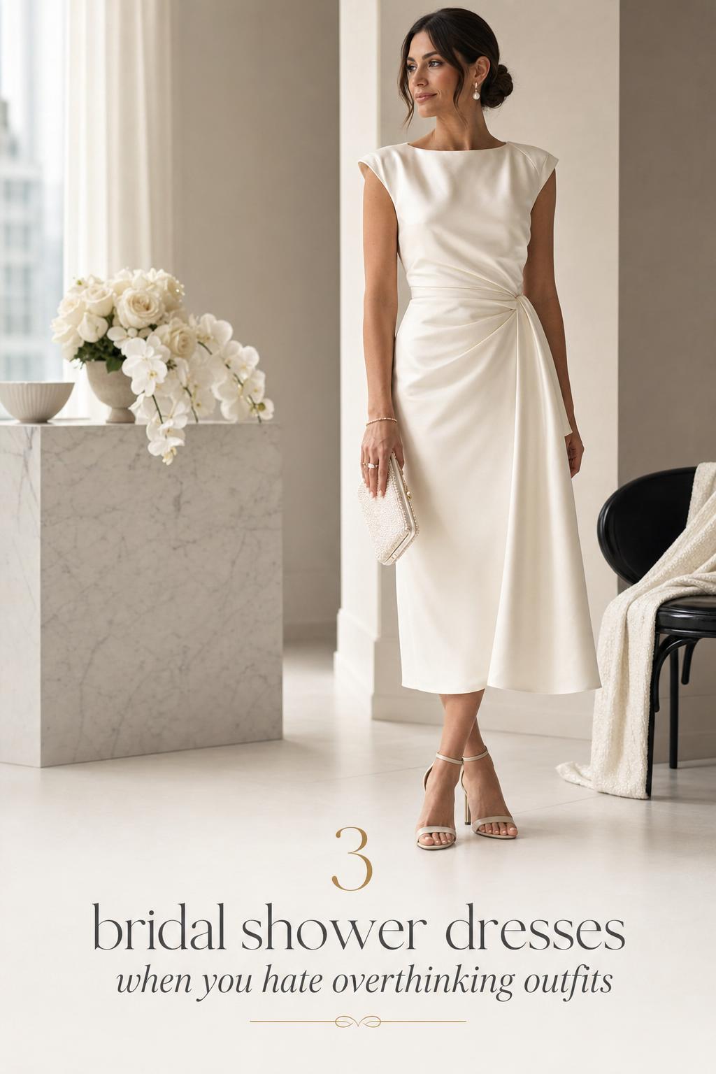 Modern bridal shower dresses editorial photo in a bright luxury hotel suite with an ivory midi dress and pearl earrings