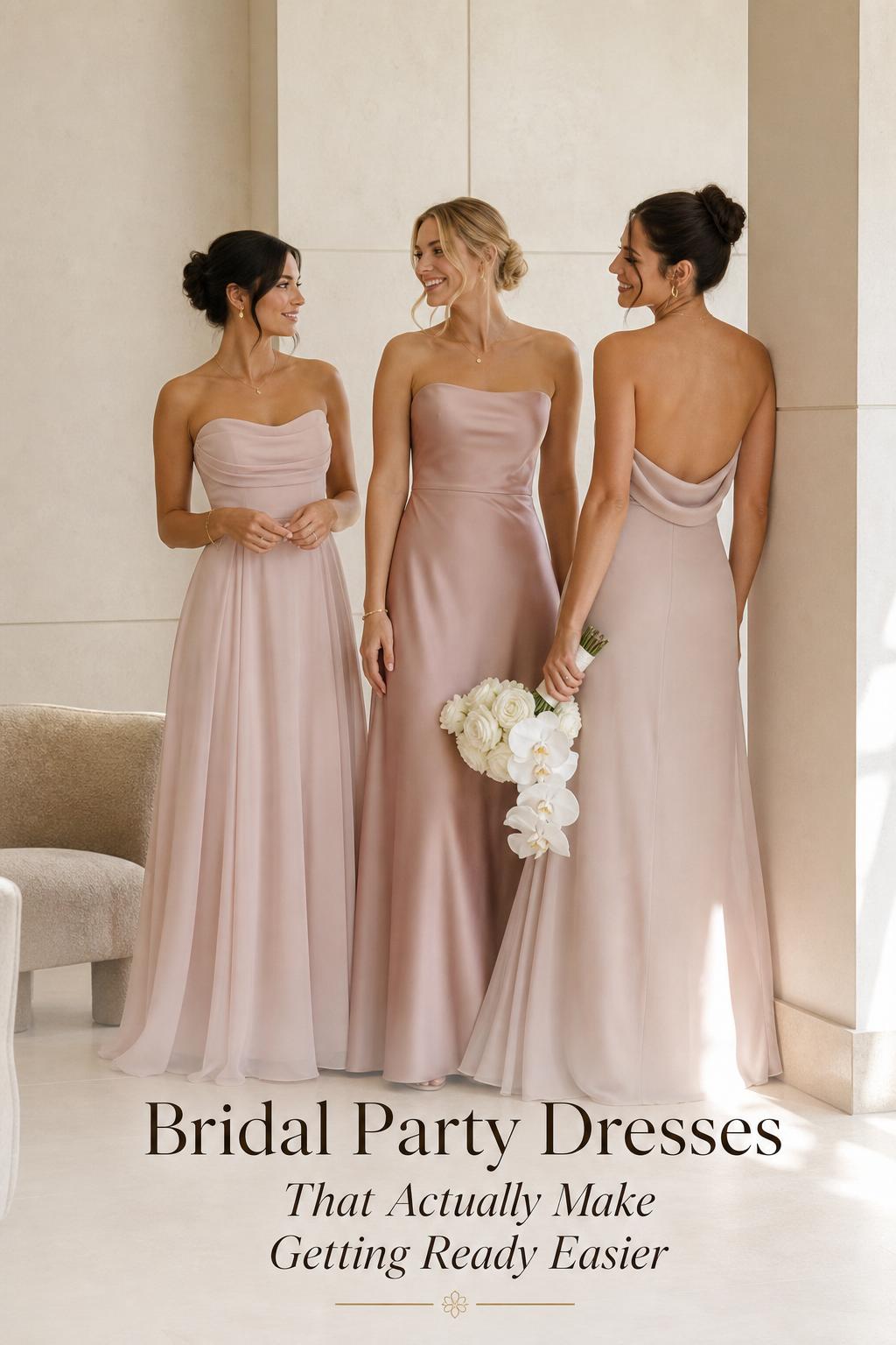 Bridesmaids in coordinated bridal party dresses in a modern luxury suite with soft window light and minimal bouquet