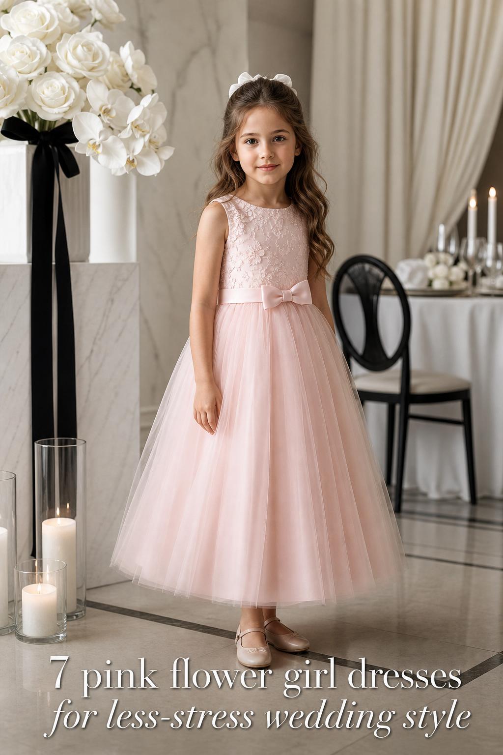 Blush pink flower girl dresses in a modern luxury wedding venue with marble backdrop, monochrome styling, and soft daylight.