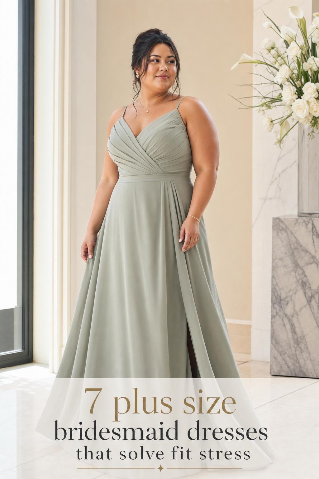 Plus size bridesmaid dresses in a modern luxury venue, featuring a confident bridesmaid in a floor-length satin gown