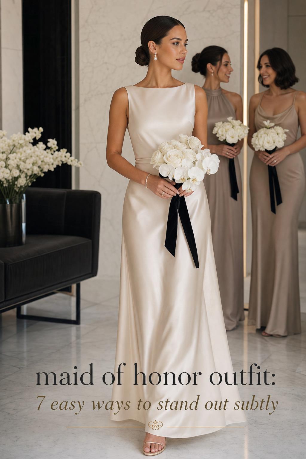 Modern maid of honor outfit in ivory champagne satin gown, luxury hotel editorial wedding photo with bridesmaids softly blurred behind