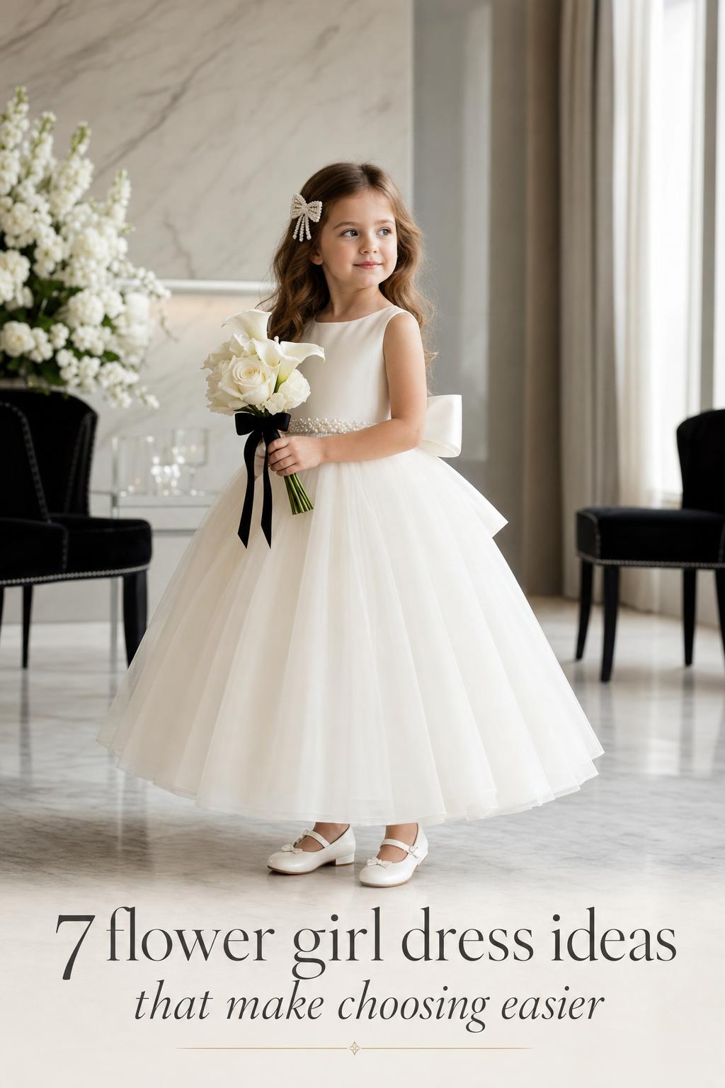 Flower girl dress ideas in an ivory satin and tulle dress with pearl bow, holding white roses in a modern monochrome venue
