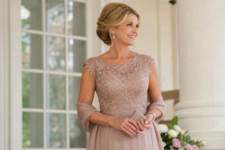 Modern mother dresses for wedding in chiffon A-line pastel gown with lace sleeves at a garden ceremony