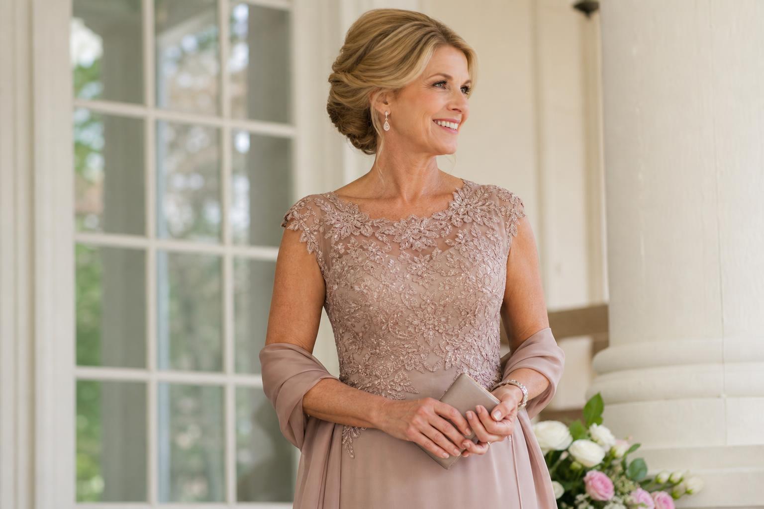 Modern mother dresses for wedding in chiffon A-line pastel gown with lace sleeves at a garden ceremony