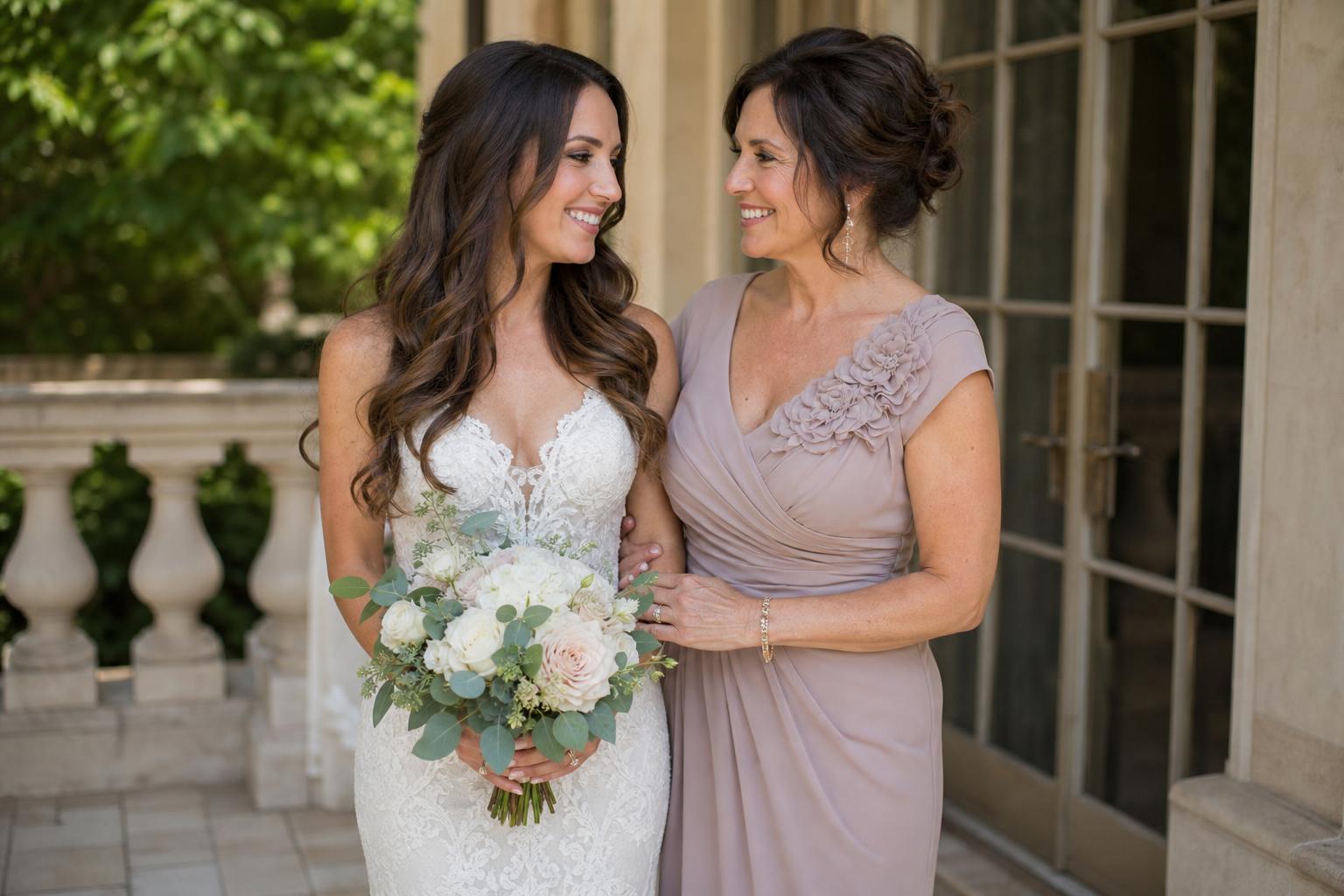 Modern young mother of the bride dresses in chiffon and satin, styled for garden, beach, and ballroom wedding venues.
