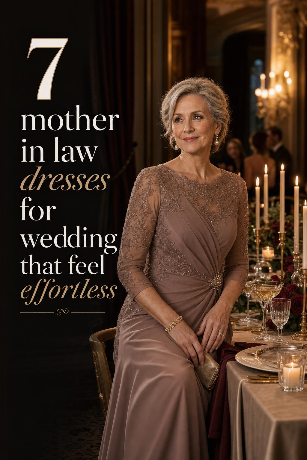 Moody candlelit wedding portrait of an elegant mature woman in mother in law dresses for wedding at a luxe reception table