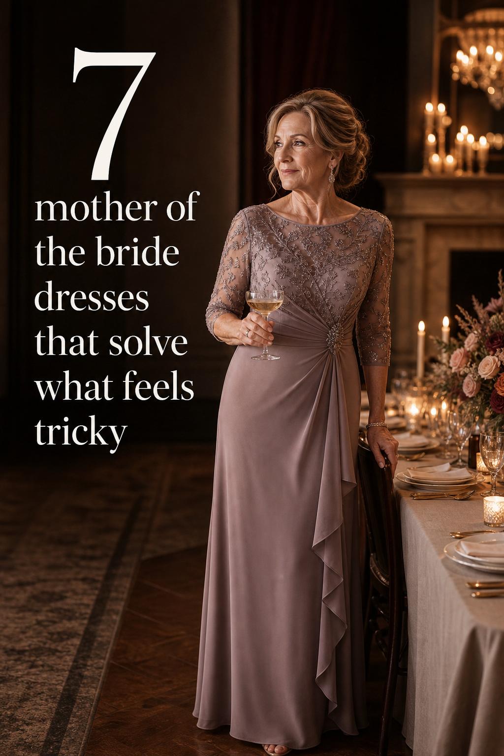 Mother of the bride dresses in moody candlelit ballroom, elegant taupe gown beside a reception table with soft florals.