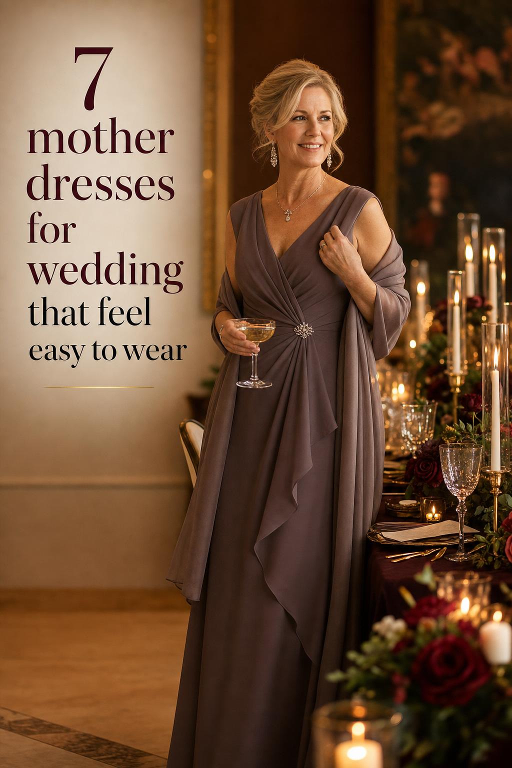Mother dresses for wedding inspiration in candlelit ballroom, mature woman in elegant mauve gown beside reception table