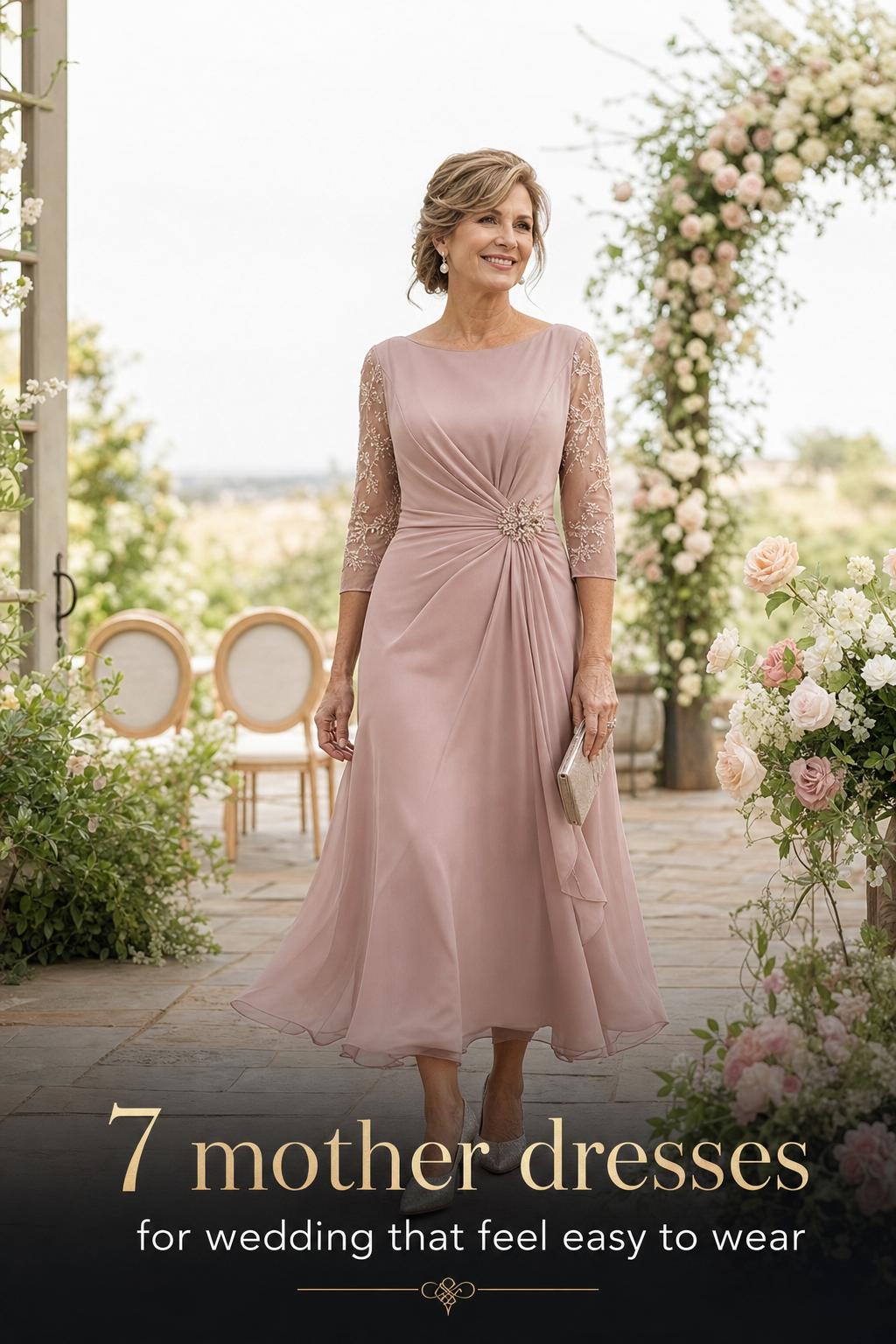 Mother dresses for wedding inspiration: elegant chiffon midi dress on a poised mother in a sunlit garden terrace