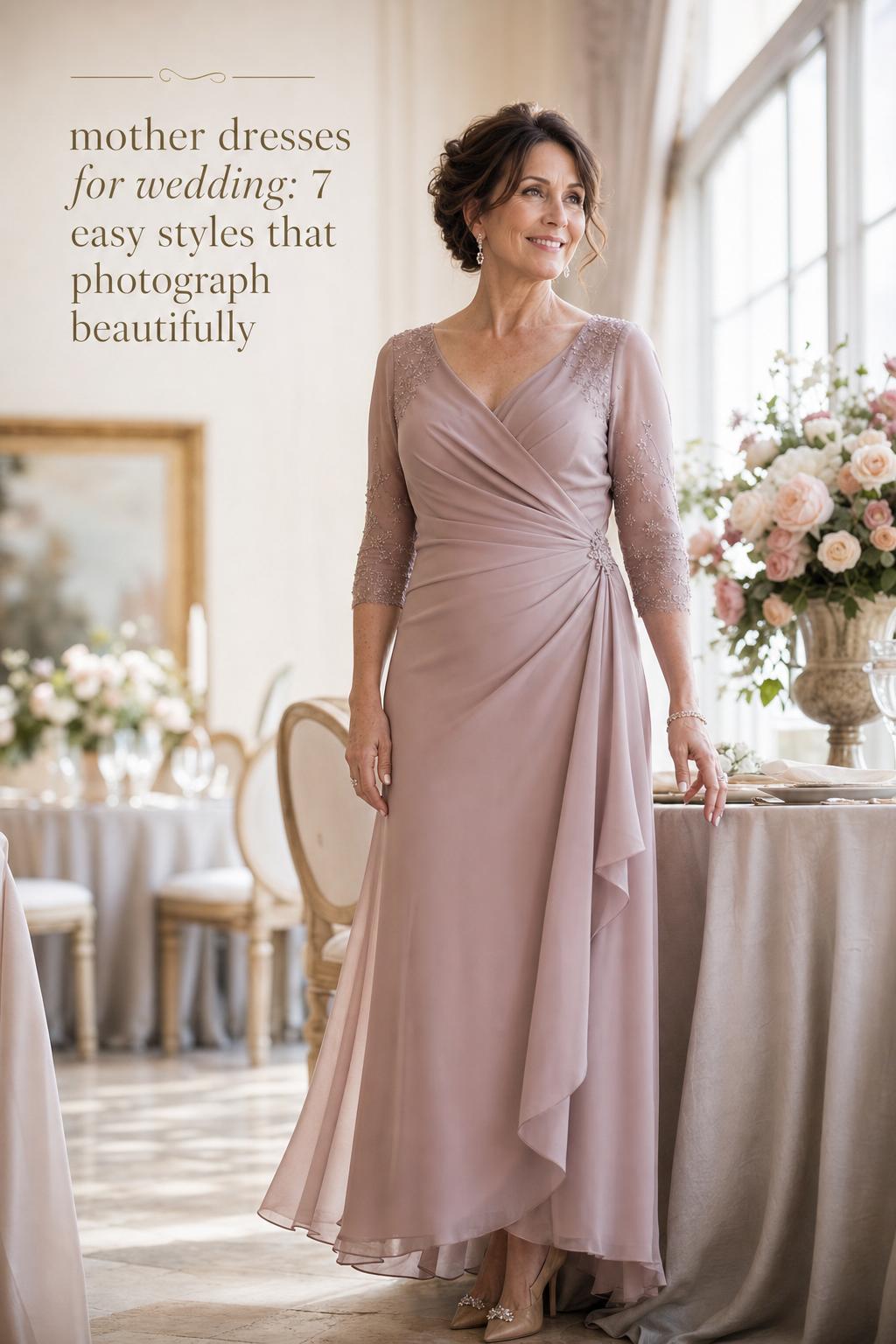 Mother dresses for wedding inspiration: elegant mature woman in dusty rose chiffon dress by a sunlit ballroom window.
