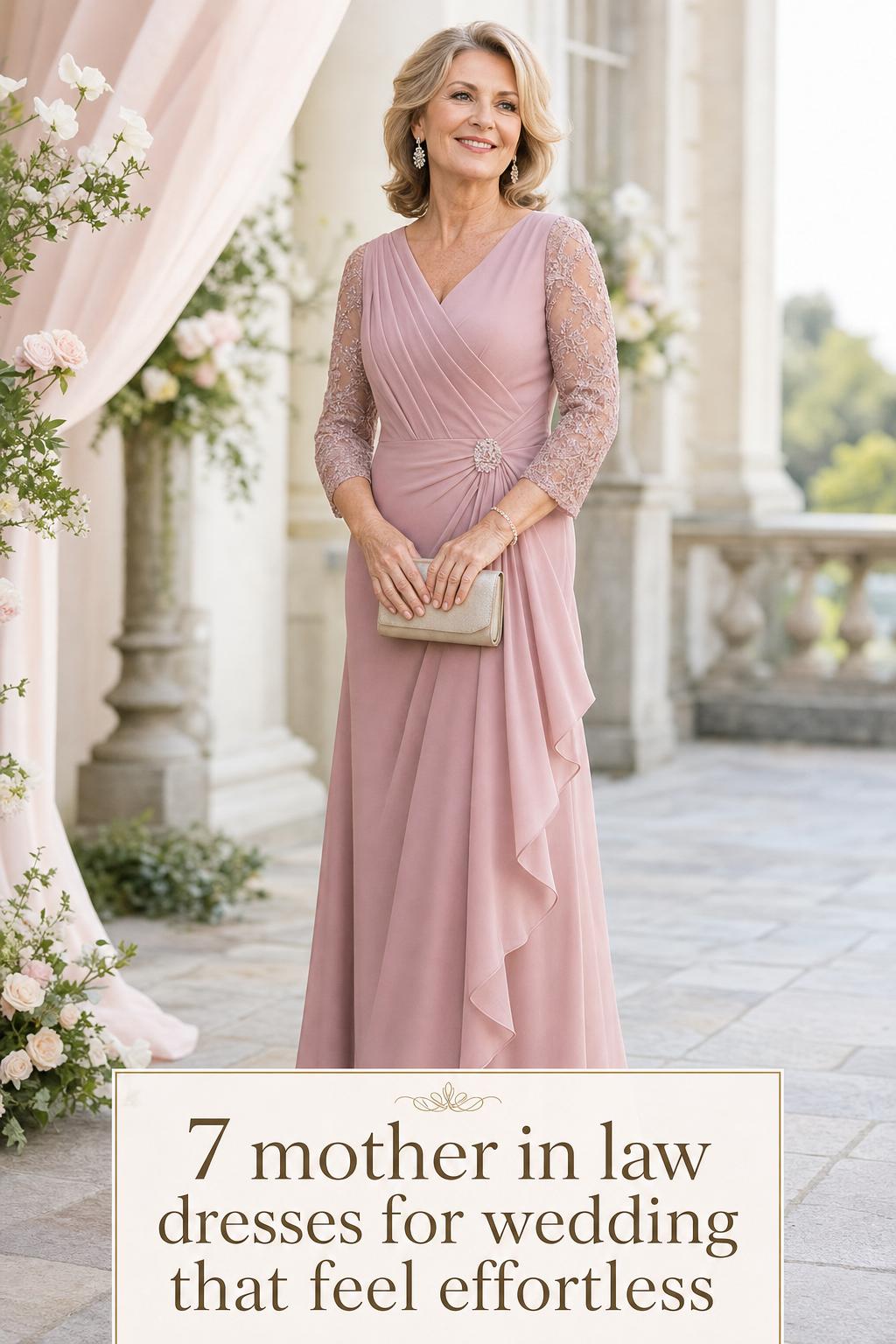 Elegant older woman in a dusty rose chiffon gown at a garden venue, showcasing mother in law dresses for wedding