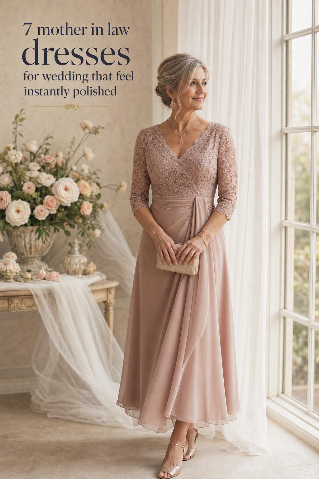Elegant mature woman in dusty rose gown by a window, showcasing mother in law dresses for wedding inspiration