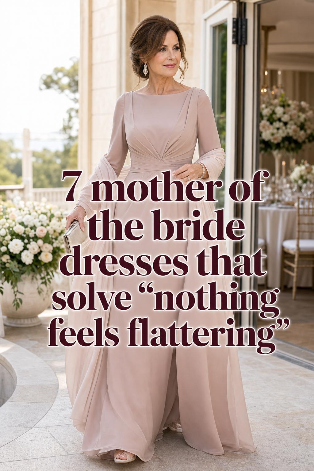 Elegant mother of the bride dresses editorial photo in dusty rose gown with defined waist at a sunlit wedding venue