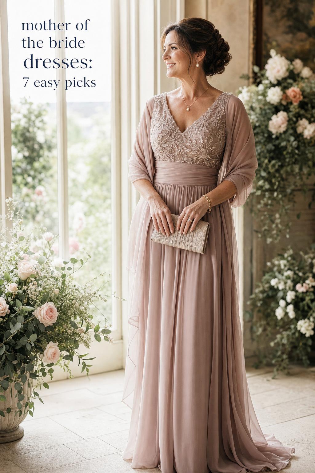 Elegant woman in dusty rose mother of the bride dresses by a sunlit window, fine art wedding editorial portrait