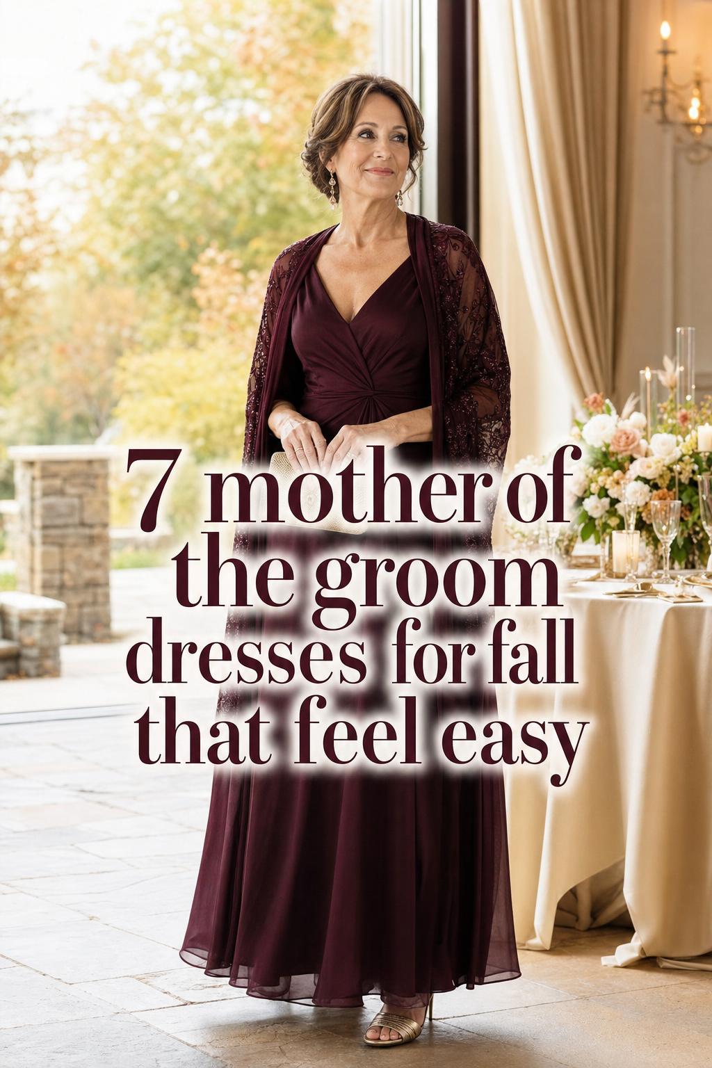 Mother of the groom dresses for fall in a burgundy velvet gown at an elegant wedding venue with soft autumn light