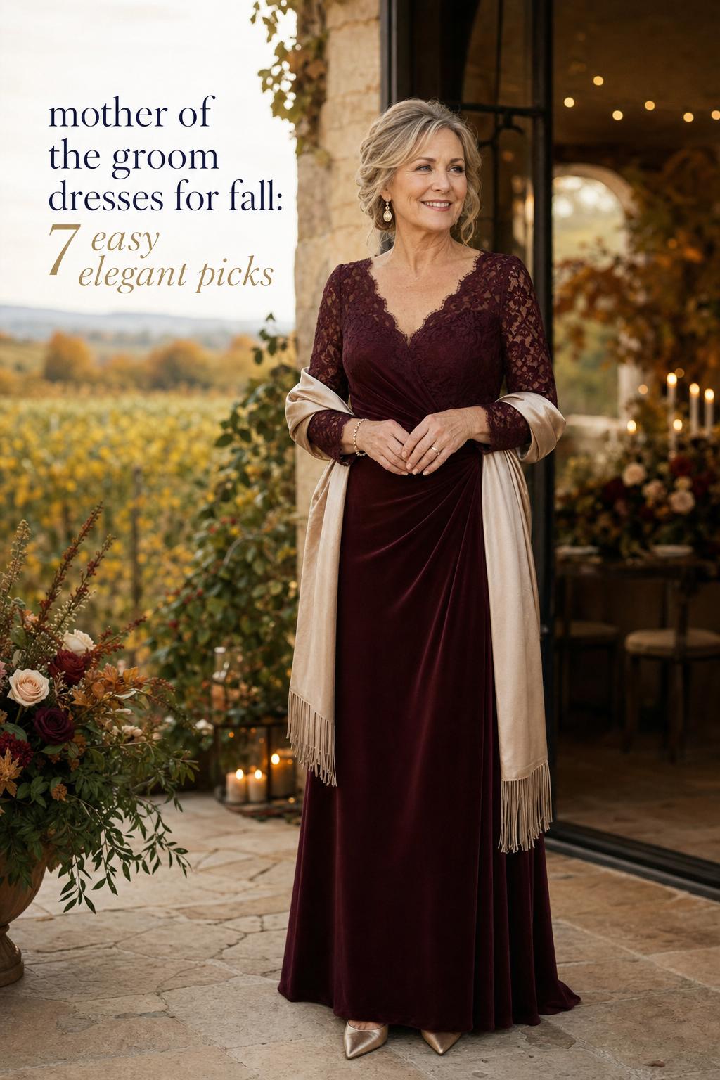 Mother of the groom dresses for fall in emerald velvet gown with lace sleeves, standing in candlelit vineyard doorway