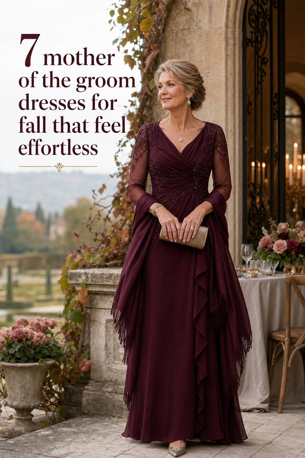 Mother of the groom dresses for fall on a European villa terrace, elegant mature woman in burgundy gown at an autumn wedding