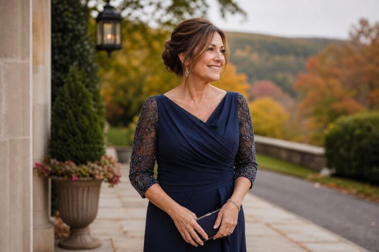 Elegant mother of the groom dresses for fall in rich jewel tones, styled for a formal autumn wedding setting