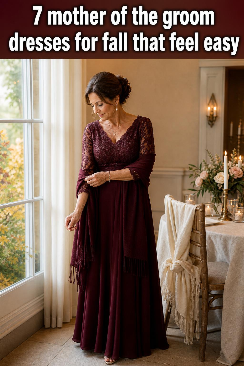 Elegant mother of the groom dresses for fall in warm tones, photographed at an outdoor wedding