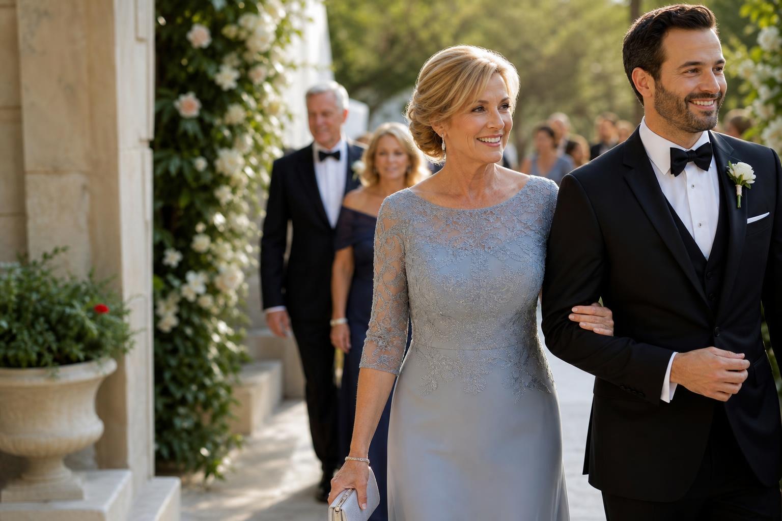 Elegant navy A-line dresses for mother of the bride in a bright bridal boutique, timeless and flattering for any venue