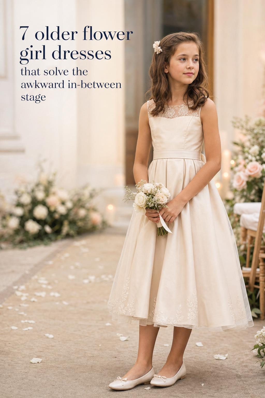 Older flower girl dresses in a champagne-ivory tea-length A-line style on a poised 10-year-old at a wedding aisle