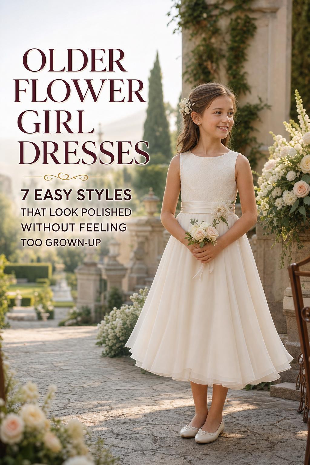Older flower girl dresses idea: poised girl in ivory champagne tea-length dress at a European villa garden wedding aisle