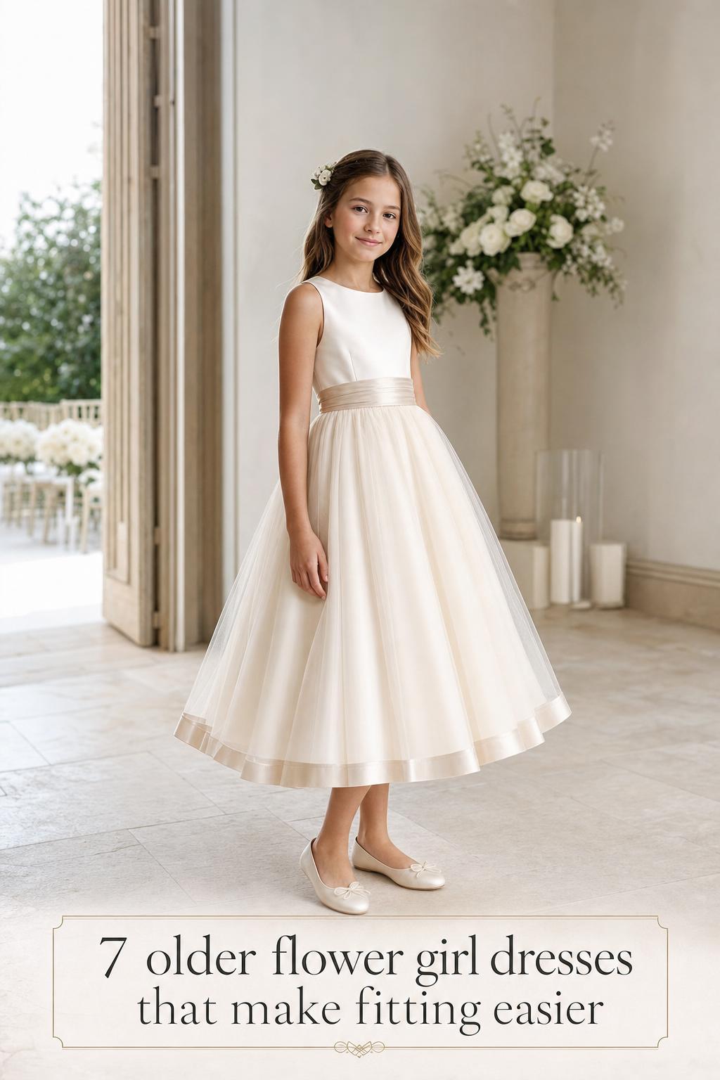 Older flower girl dresses in ivory-champagne tea-length satin and tulle, styled in a bright minimalist bridal suite with soft light.