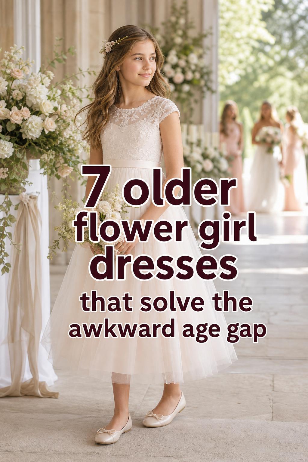 Older flower girl dresses in ivory chiffon on a 9–12 year old girl in a bright church aisle wedding editorial photo