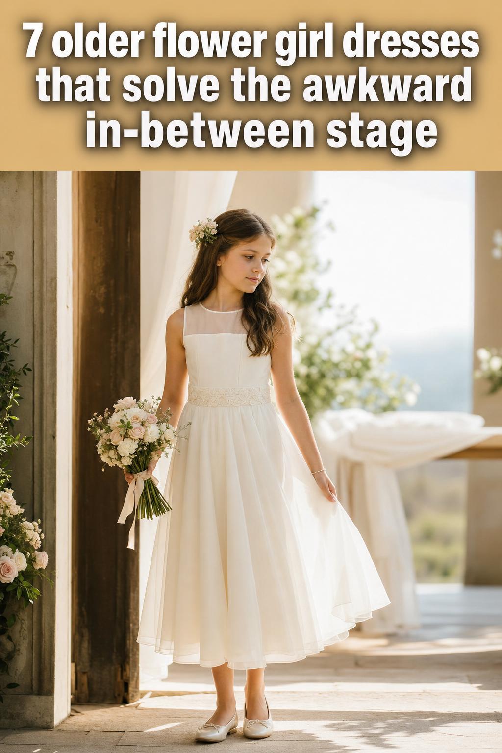 Older flower girl dresses in soft ivory lace, photographed at a wedding with natural light and delicate details.