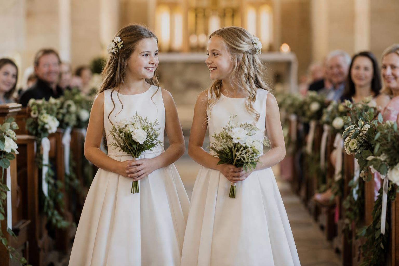 Older flower girl dresses in blush chiffon and ivory satin, tea-length A-line styles for a timeless wedding look