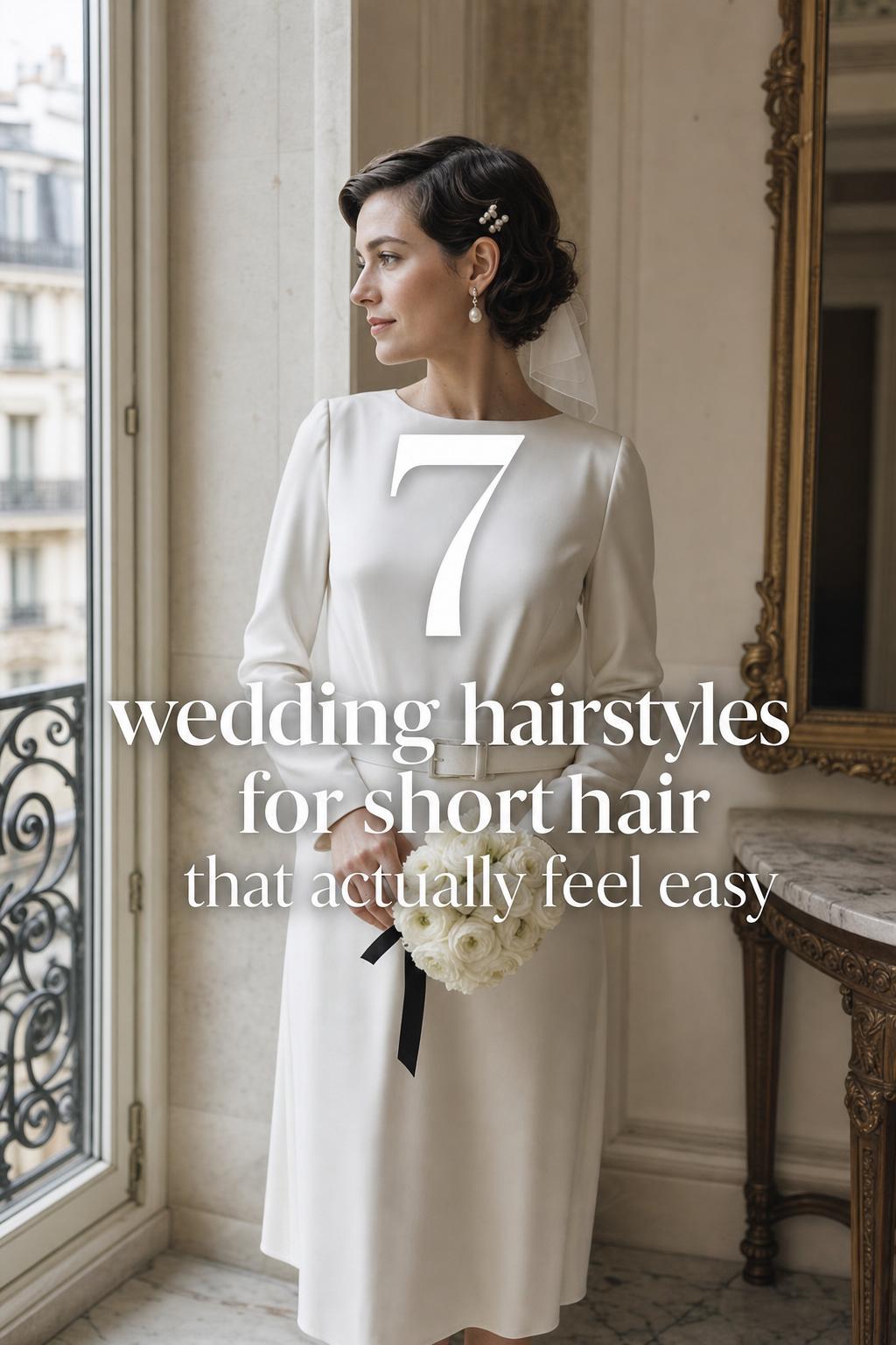 Bride in Paris hotel hallway showcasing wedding hairstyles for short hair with ivory midi dress, veil, and pearl pins