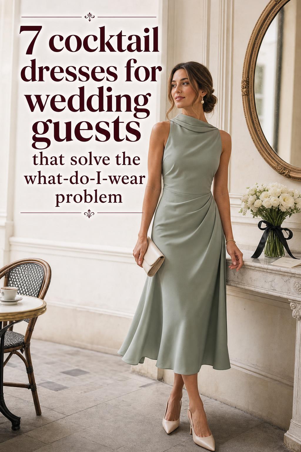 Parisian chic woman in a sage midi dress outside a boutique hotel, cocktail dresses for wedding guests inspiration