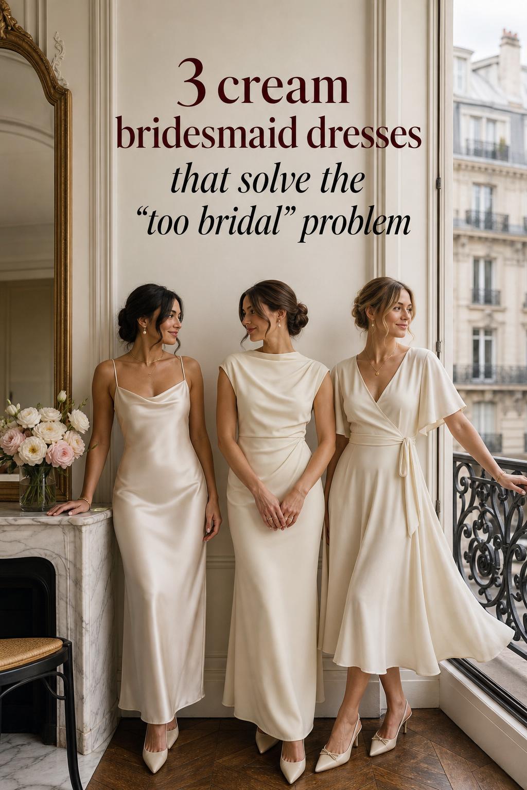 Three women in cream bridesmaid dresses on a Parisian balcony doorway, showing satin, crepe, and flowing silhouettes in soft daylight