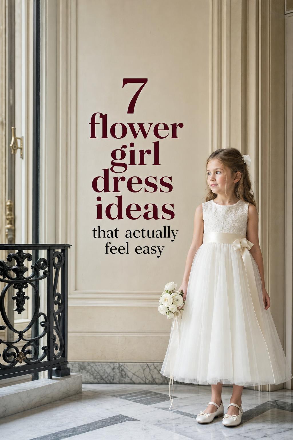 Parisian chic wedding photo of a flower girl in an ivory tulle dress beside a townhouse entry, flower girl dress ideas