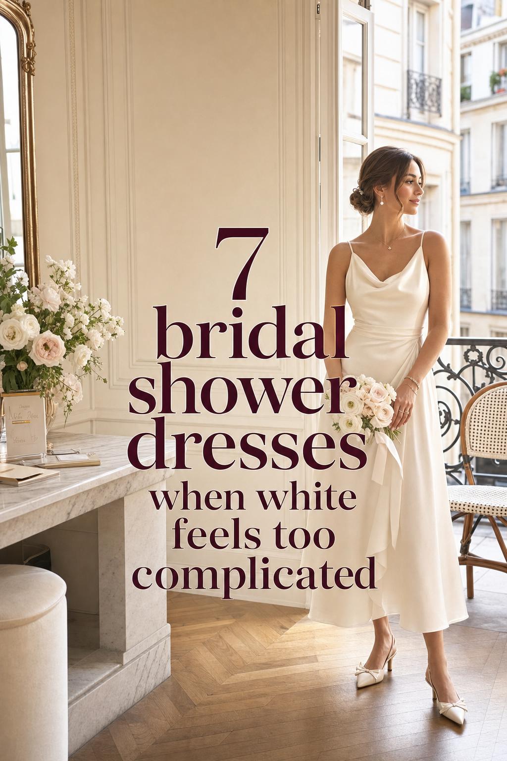 Parisian chic woman in ivory midi bridal shower dresses by a French window, holding a small bouquet in soft daylight