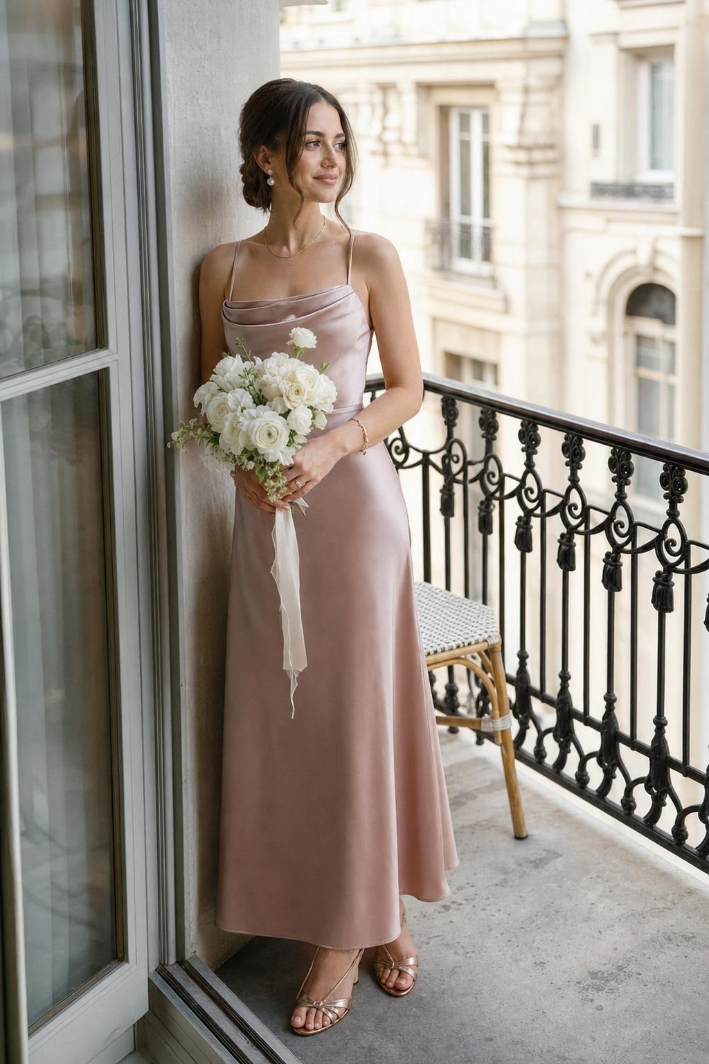 Parisian chic maid of honor outfit in dusty rose satin dress with pearls and white bouquet on a boutique hotel balcony