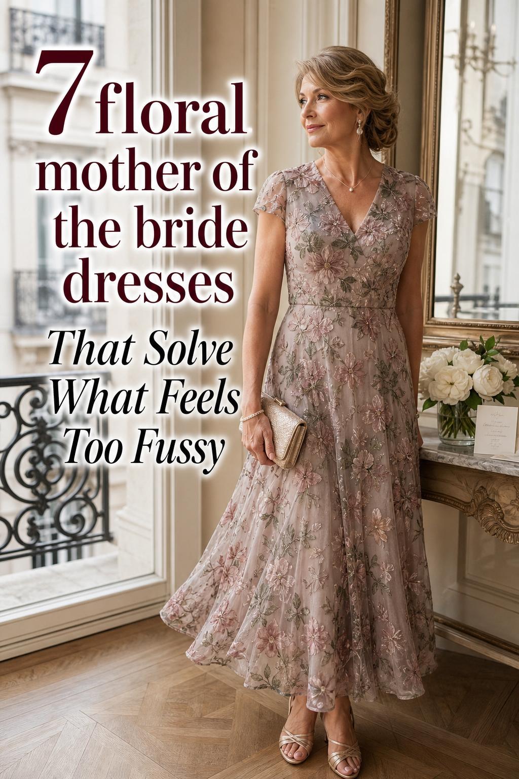 Floral mother of the bride dresses editorial photo of an elegant woman in a Parisian balcony setting with bouquet and text overlay