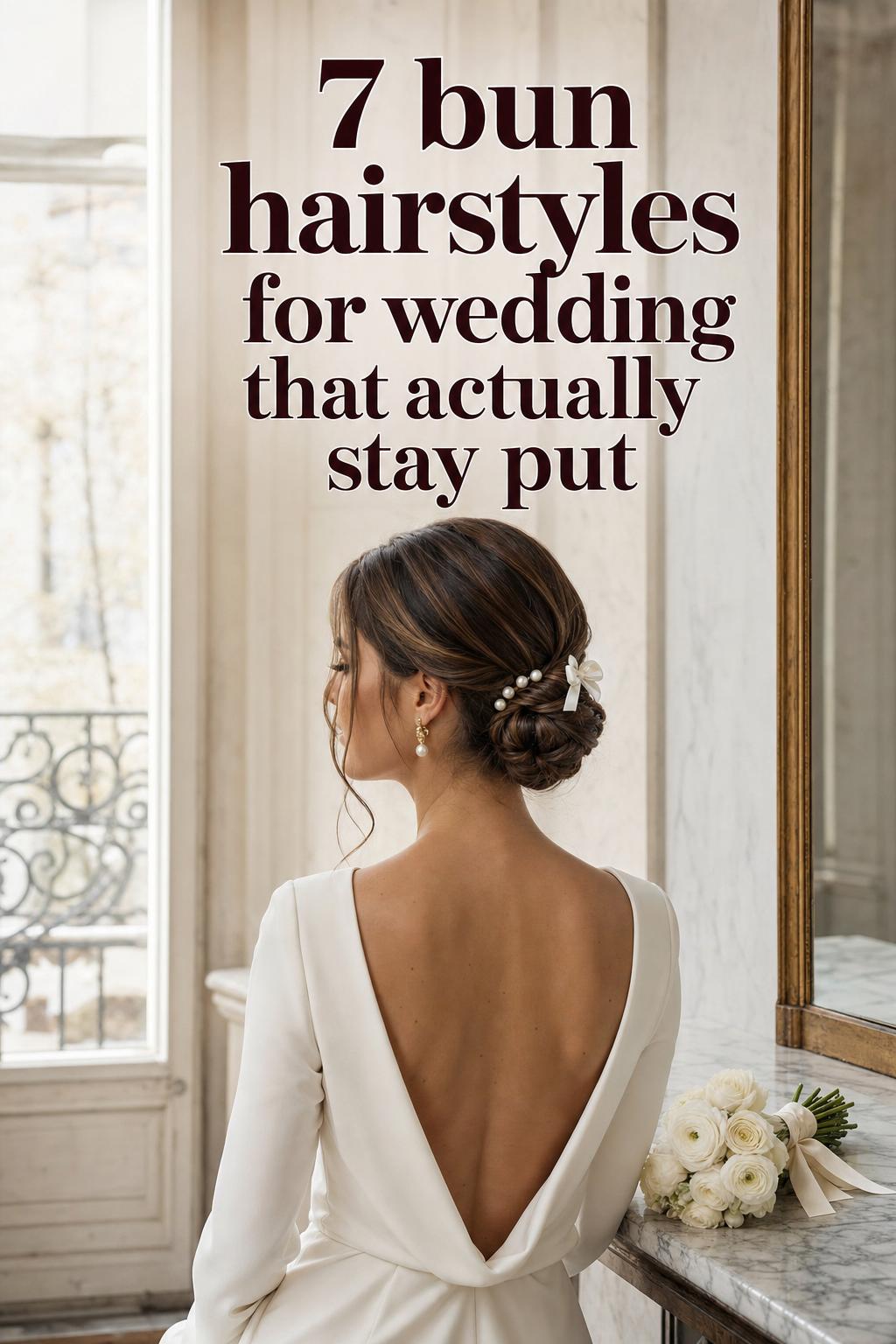 Paris bride in marble hallway showing polished low chignon bun hairstyles for wedding with pearl pins and veil-ready shape
