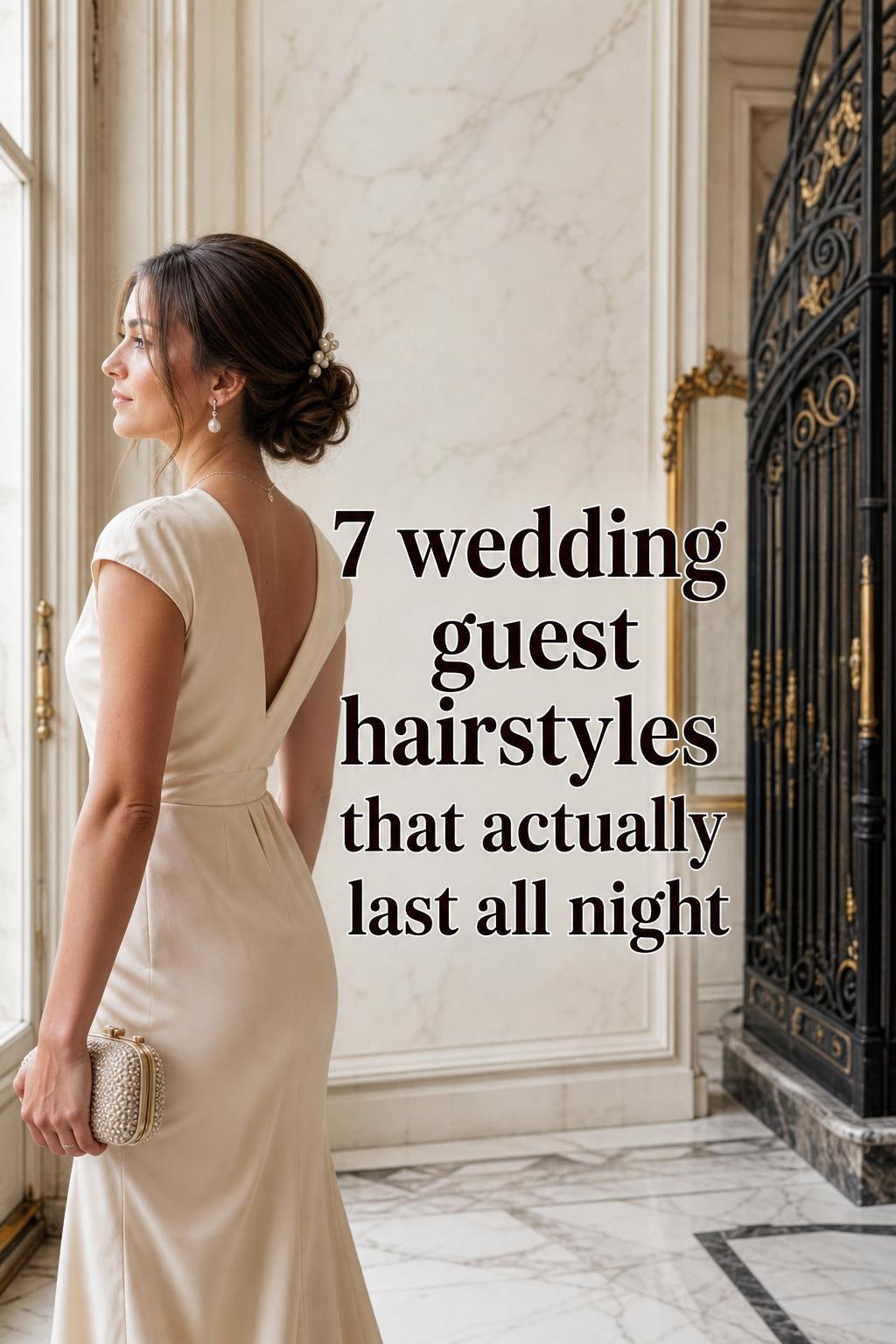 Parisian chic wedding guest hairstyles: woman with a glossy low bun updo in a boutique hotel marble hallway